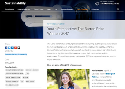 Youth Perspective:The Barron Prize…Reuters SustainabilityNovember, 2017
